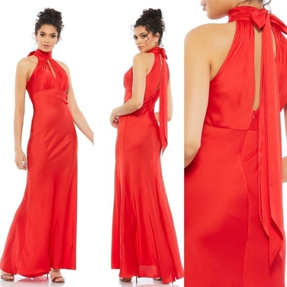 NEW $598 MAC DUGGAL 49520 RED KEYHOLE HALTER EMPIRE WAIST SATIN GOWN Size 10 - Picture 1 of 16